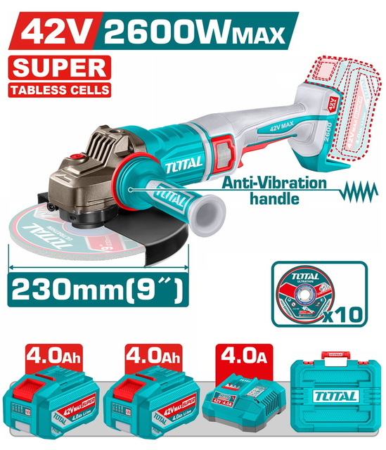 TOTAL ΕΠΑΓΓ. ΣΕΤ ΓΩΝΙΑΚΟΣ ΤΡΟΧΟΣ 230mm ΜΠΑΤ. Li-ion 42V / 4Ah / 2 ΜΠΑΤ BL Motor TABLESS CELLS (TAGLI4260182)