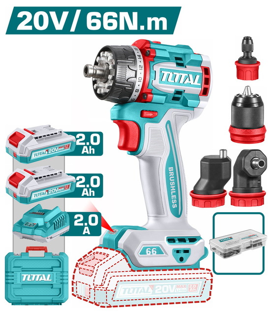 TOTAL ΕΠΑΓΓ. ΔΡΑΠ/ΒΙΔΟ COMPACT ΜΕ 4 ΚΕΦΑΛΕΣ ΜΠΑΤ. Li-ion 20V/66Nm/2Ah/ 2 ΜΠΑΤ BL Motor (TDLI206686E)