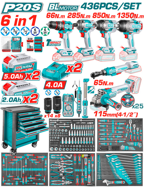 TOTAL ΕΠΑΓΓ. ΕΡΓΑΛΕΙΟΦΟΡΟΣ ΜΕ 20V 6 in1 ΕΡΓΑΛΕΙΑ & 436ΤΕΜ ΕΡΓΑΛΕΙΑ-ΕΞΑΡΤΗΜΑΤΑ (THPTCS84362E)