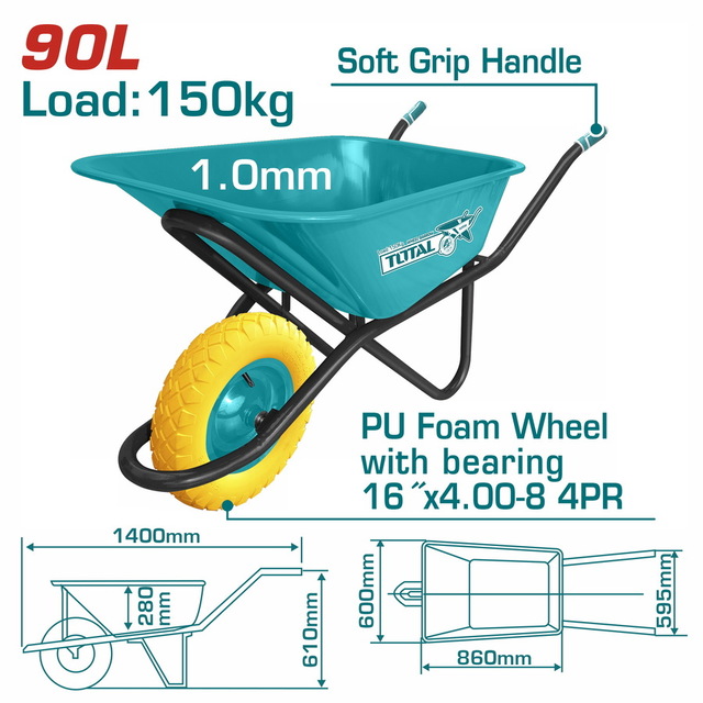 TOTAL ΕΠΑΓΓΕΛΜΑΤΙΚΟ ΚΑΡΟΤΣΙ ΕΡΓΟΛΑΒΙΚΟ 90Lit / 150Kg ΜΕ ΡΟΔΑ ΣΥΜΠΑΓΗ ΠΟΛΥΟΥΡΕΘΑΝΗΣ (THTWB64018GPU)