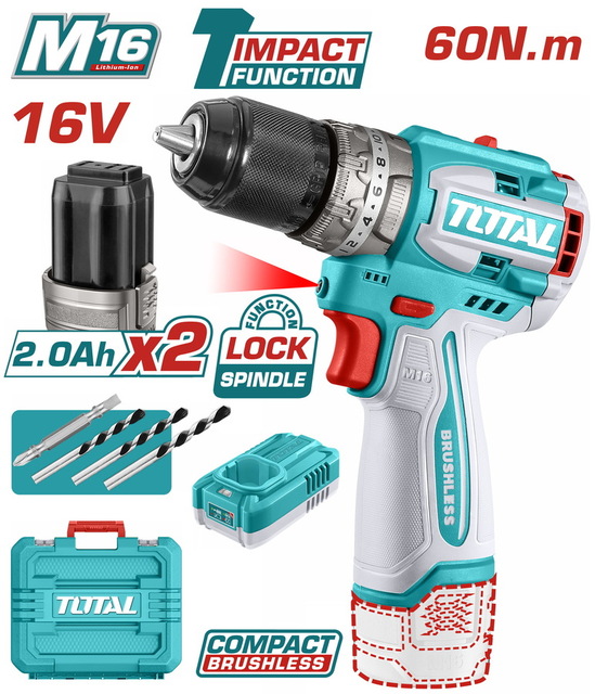 TOTAL ΕΠΑΓΓ. ΔΡΑΠ/ΒΙΔΟ ΚΡΟΥΣΤΙΚΟ ΜΠΑΤ. Li-ion 16V / 2Ah / 60Nm / 2 ΜΠΑΤ (TIDLI16682)