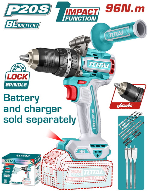 TOTAL ΕΠΑΓΓ. ΔΡΑΠ/ΒΙΔΟ ΚΡΟΥΣΤΙΚΟ ΜΠΑΤ. Li-ion 20V/96Nm ΧΩΡΙΣ ΜΠΑΤ & ΦΟΡΤΙΣΤΗ BL Motor (TIDLI209685)