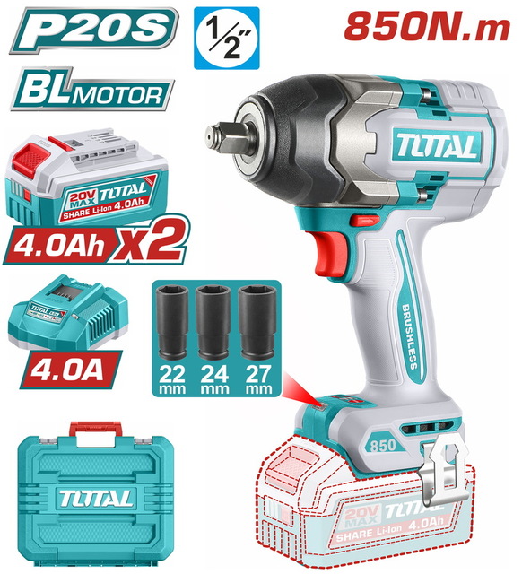 TOTAL ΕΠΑΓΓ. ΜΠΟΥΛΟΝΟΚΛΕΙΔΟ ΜΠΑΤ. Li-ion 20V / 4Ah / 850Nm / 2 ΜΠΑΤΑΡΙΕΣ (TIWLI2085E)