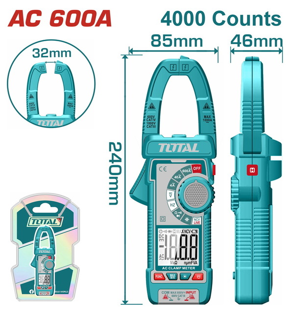 TOTAL ΕΠΑΓΓ. ΑΜΠΕΡΟΤΣΙΜΠΙΔΑ ΨΗΦΙΑΚΗ 600Α AC/DC True RMS (TMT766001)