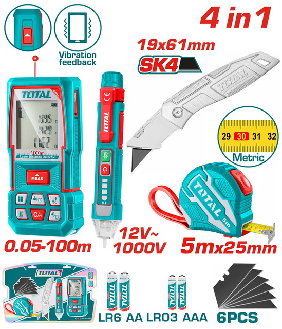 TOTAL ΕΠΑΓΓ.  ΣΕΤ ΜΕΤΡΗΤΗΣ ΑΠΟΣΤ. LASER 100m 4 σε 1 (TOS250701M)