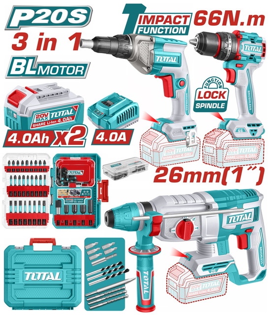 TOTAL ΕΠΑΓΓ ΣΕΤ ΔΡΑΠ/ΔΟ ΚΡΟΥΣΤ. 66Nm+ΠΝΕΥΜ ΠΙΣΤΟΛ+ΚΑΤΣΑΒ ΓΥΨ ΜΠΑΤ Li-ion 20V BL Motor (TOSLI250591E)