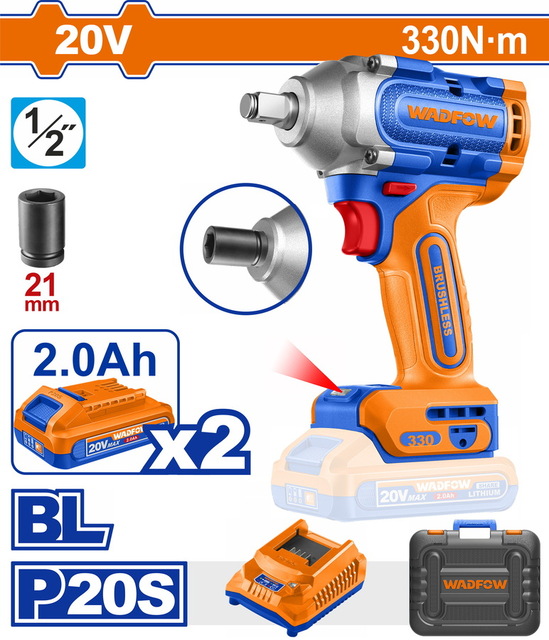 WADFOW ΜΠΟΥΛΟΝΟΚΛΕΙΔΟ ΜΠΑΤ. Li-ion 20V / 330Nm / 2Ah / 2 ΜΠΑΤ BL Motor (WCD1B33E)
