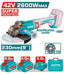 TOTAL ΕΠΑΓΓ. ΣΕΤ ΓΩΝΙΑΚΟΣ ΤΡΟΧΟΣ 230mm ΜΠΑΤ. Li-ion 42V / 4Ah / 2 ΜΠΑΤ BL Motor TABLESS CELLS (TAGLI4260182)