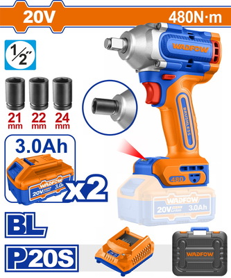 WADFOW ΜΠΟΥΛΟΝΟΚΛΕΙΔΟ ΜΠΑΤ. Li-ion 20V / 3Ah / 480Nm / 2 ΜΠΑΤ BL Motor (WCD1B48)