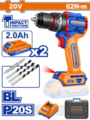 WADFOW ΔΡΑΠ/ΒΙΔΟ ΚΡΟΥΣΤΙΚΟ ΜΠΑΤ. Li-ion 20V / 62Nm / 2Ah / 2 ΜΠΑΤ BL Motor (WCDP6281E)